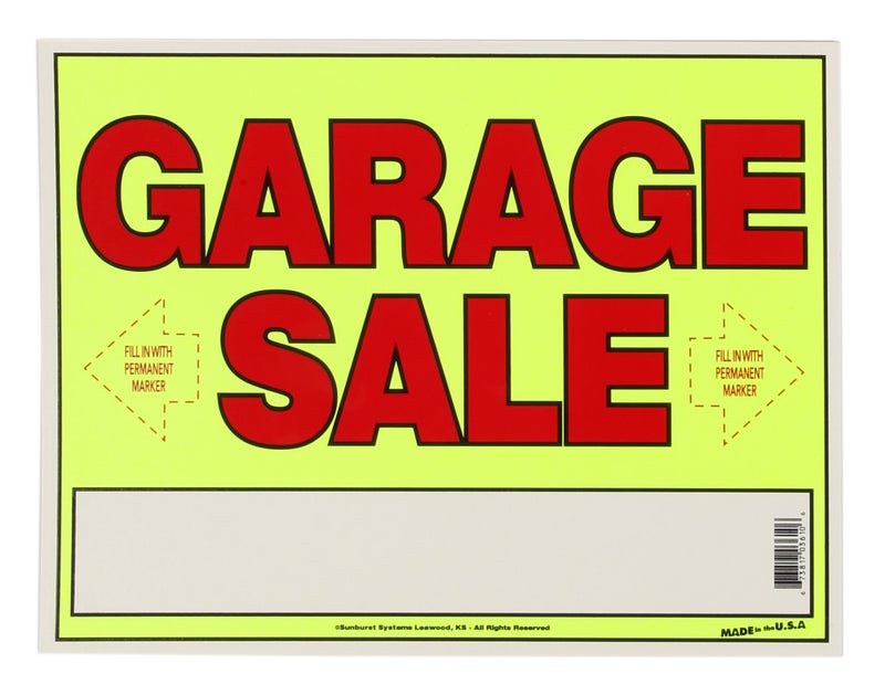 Sunburst Systems 3610 Garage Sale Sign 14" x 11" Neon, w/Directional Arrows & box to write info in, Weather Resistant - Image 1